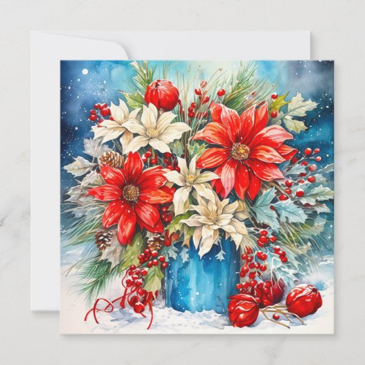 Kerstmis Poinsettia en bessen Boeket Feestdagenkaart (Voorkant)