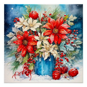 Kerstmis Poinsettia en bessen Boeket Perfect Poster