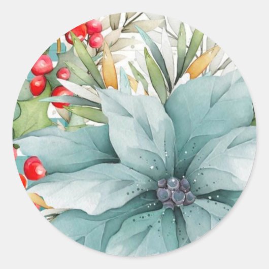 Kerstmis, Poinsettia en rode bessen Ronde Sticker (Voorkant)