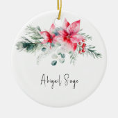 Kerstmis Poinsettia Evergreen Bloemen Bijbel Verse Keramisch Ornament (Voorkant)