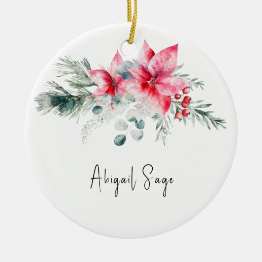 Kerstmis Poinsettia Evergreen Bloemen Bijbel Verse Keramisch Ornament (Voorkant)