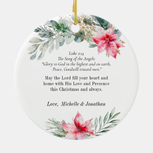 Kerstmis Poinsettia Evergreen Bloemen Bijbel Verse Keramisch Ornament (Achterkant)