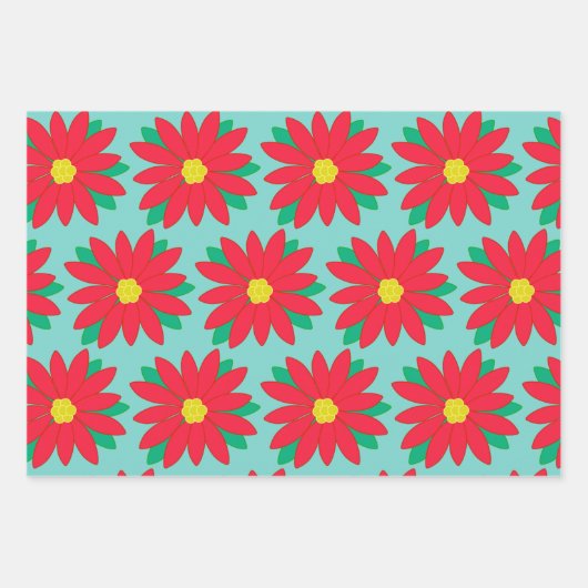 Kerstmis Poinsettia Floral Festive Print op rood   Inpakpapier Vel (Voorkant 3)