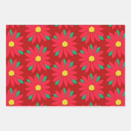 Kerstmis Poinsettia Floral Festive Print op rood   Inpakpapier Vel (Voorkant)