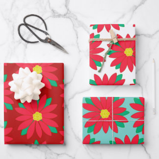 Kerstmis Poinsettia Floral Festive Print op rood   Inpakpapier Vel