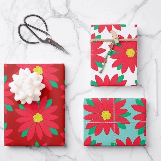 Kerstmis Poinsettia Floral Festive Print op rood   Inpakpapier Vel (Voorkant)