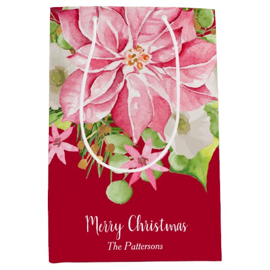 Kerstmis Poinsettia Floral Holiday Red Medium Cadeauzakje (Voorkant)