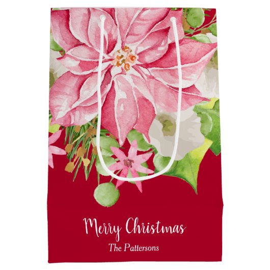 Kerstmis Poinsettia Floral Holiday Red Medium Cadeauzakje (Achterkant)