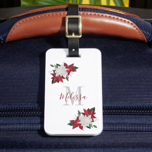 Kerstmis Poinsettia Floral Monogram Bagagelabel (Voorkant Insitu 2)