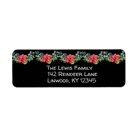 Kerstmis Poinsettia Garland op zwart Etiket (Voorkant)