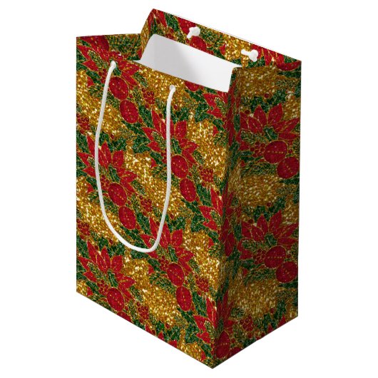 Kerstmis, Poinsettia-GIFT, Gold-M Medium Cadeauzakje (Voorkant Gekanteld)