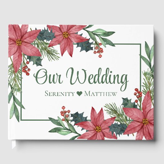 Kerstmis Poinsettia Groen Rood Bloemen Bruiloft Gastenboek (Voorkant)