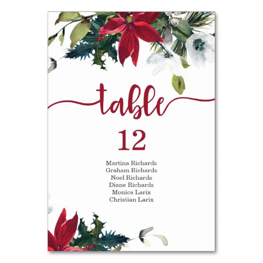 Kerstmis Poinsettia Guest Names Table Number Kaart (Voorkant)