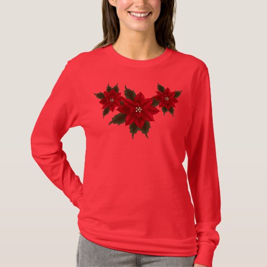 Kerstmis Poinsettia Hanes Deep Red LS T-Shirt (Voorkant)