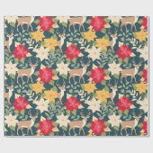 Kerstmis poinsettia hertenpatroon cadeaupapier (Vlak)
