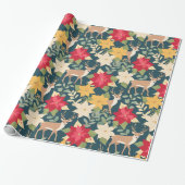 Kerstmis poinsettia hertenpatroon cadeaupapier (Uitgerold)