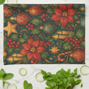 Kerstmis Poinsettia & Hulst Ornament Theedoek