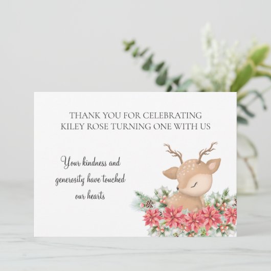 Kerstmis Poinsettia Kleine Herten Verjaardagsfeest Bedankkaart (Staand voorkant)