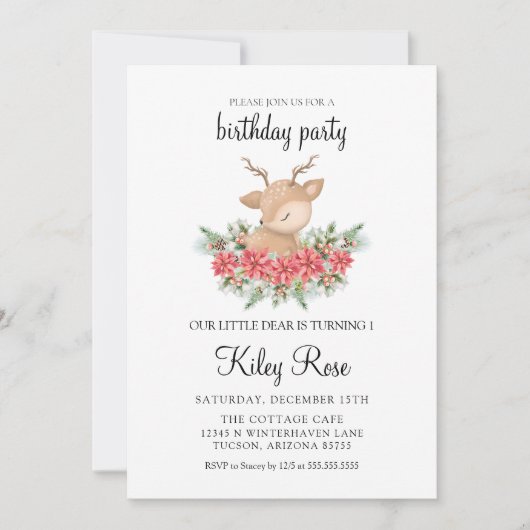 Kerstmis Poinsettia Kleine Herten Verjaardagsfeest Kaart (Voorkant)