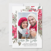 Kerstmis Poinsettia Red Floral Holly Pine Save The Date (Voorkant)