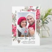 Kerstmis Poinsettia Red Floral Holly Pine Save The Date (Staand voorkant)