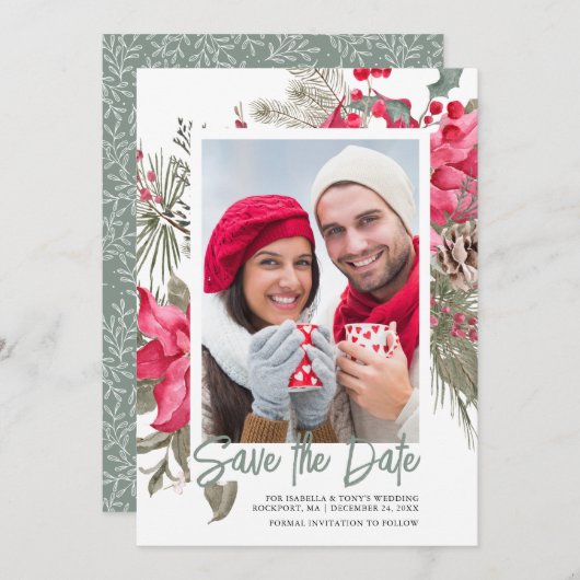 Kerstmis Poinsettia Red Floral Holly Pine Save The Date (Voorkant / Achterkant)