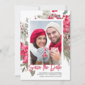 Kerstmis Poinsettia Red Floral Holly Pine Save The Date (Voorkant)