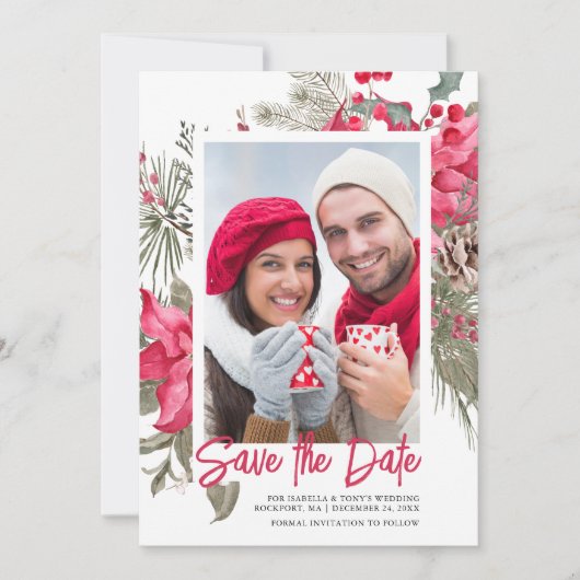 Kerstmis Poinsettia Red Floral Holly Pine Save The Date (Voorkant)