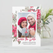 Kerstmis Poinsettia Red Floral Holly Pine Save The Date (Staand voorkant)