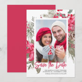 Kerstmis Poinsettia Red Floral Holly Pine Save The Date (Voorkant / Achterkant)