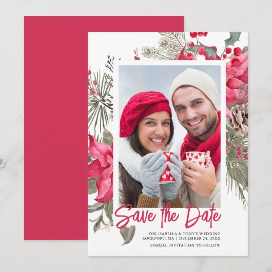Kerstmis Poinsettia Red Floral Holly Pine Save The Date (Voorkant / Achterkant)