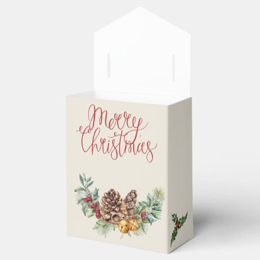 Kerstmis poinsettia, robin, dennen, kegels, hulst bedankdoosjes (Geopend)