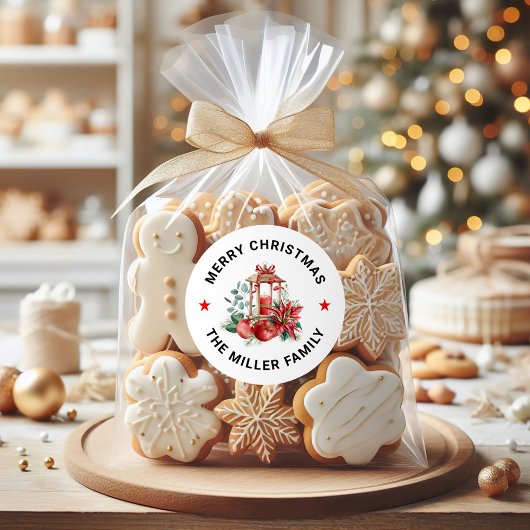 Kerstmis Poinsettia, rode appels, gouden lantaarn Ronde Sticker