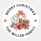 Kerstmis Poinsettia, rode appels, gouden lantaarn Ronde Sticker (Voorkant)