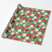 Kerstmis Poinsettia Rood Wit Bloemen Monogram Cadeaupapier (Uitgerold)
