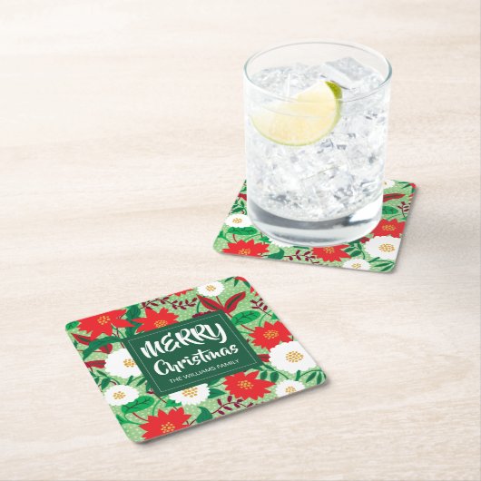 Kerstmis Poinsettia Rood Wit Bloemen Monogram Kartonnen Onderzetters (Insitu)