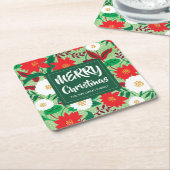 Kerstmis Poinsettia Rood Wit Bloemen Monogram Kartonnen Onderzetters (Schuin)