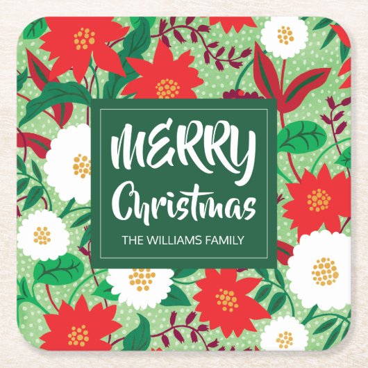 Kerstmis Poinsettia Rood Wit Bloemen Monogram Kartonnen Onderzetters (Voorkant)