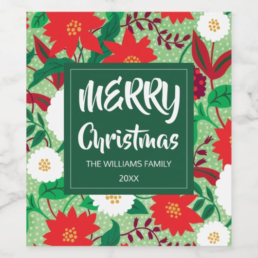 Kerstmis Poinsettia Rood Wit Bloemen Monogram Wijn Etiket (Enkel label)