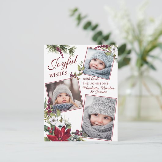 Kerstmis Poinsettia Rustic Photo Holiday Greep Briefkaart (Staand voorkant)