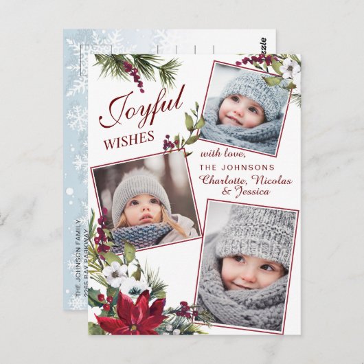 Kerstmis Poinsettia Rustic Photo Holiday Greep Briefkaart (Voorkant / Achterkant)