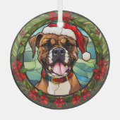 Kerstmis Poinsettia Santa Hoed Boxer Hond Glas Ornament (Voorkant)