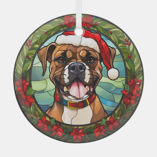 Kerstmis Poinsettia Santa Hoed Boxer Hond Glas Ornament (Voorkant)
