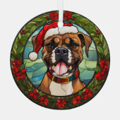 Kerstmis Poinsettia Santa Hoed Boxer Hond Glas Ornament (Achterkant)