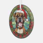 Kerstmis Poinsettia Santa Hoed Boxer Hond Glas Ornament (Voorkant links)