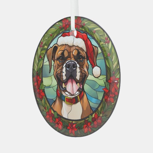 Kerstmis Poinsettia Santa Hoed Boxer Hond Glas Ornament (Voorkant links)