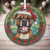 Kerstmis Poinsettia Santa Hoed Boxer Hond Glas Ornament