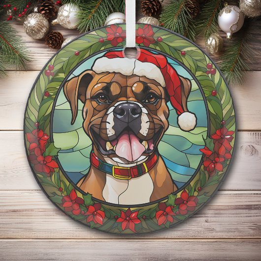 Kerstmis Poinsettia Santa Hoed Boxer Hond Glas Ornament