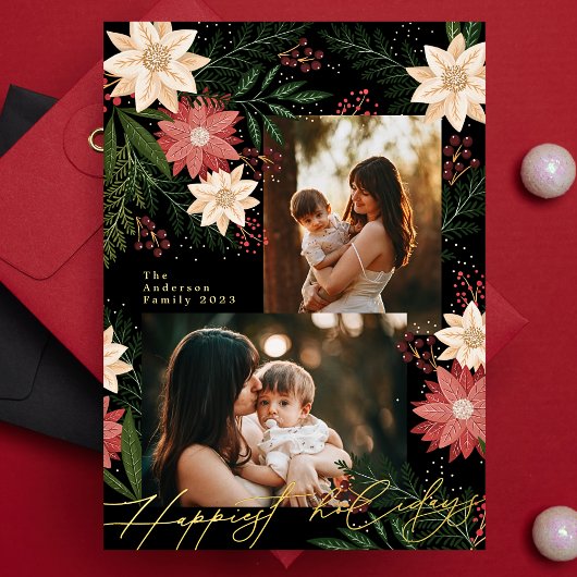 Kerstmis Poinsettia Splendor Fotocollage Folie Feestdagenkaart