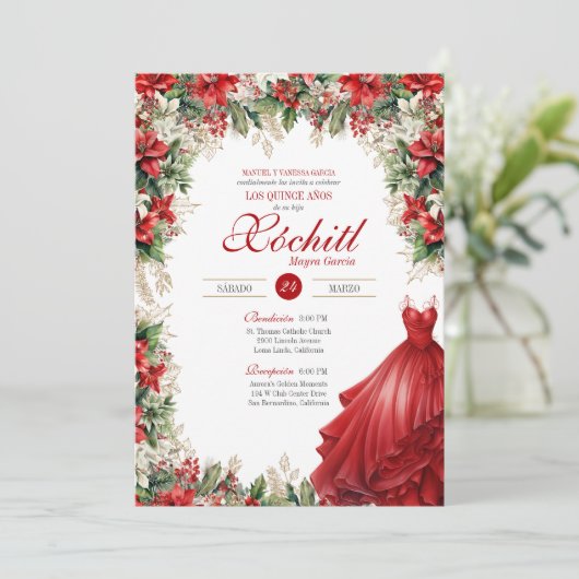 Kerstmis Poinsettia Vakantie Flora Red Quinceañera Kaart (Staand voorkant)